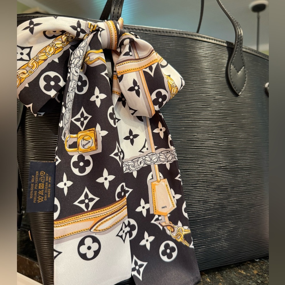Luxury clover flower  black white gold Patterned Scarf LONG 44” W3” tie on bag